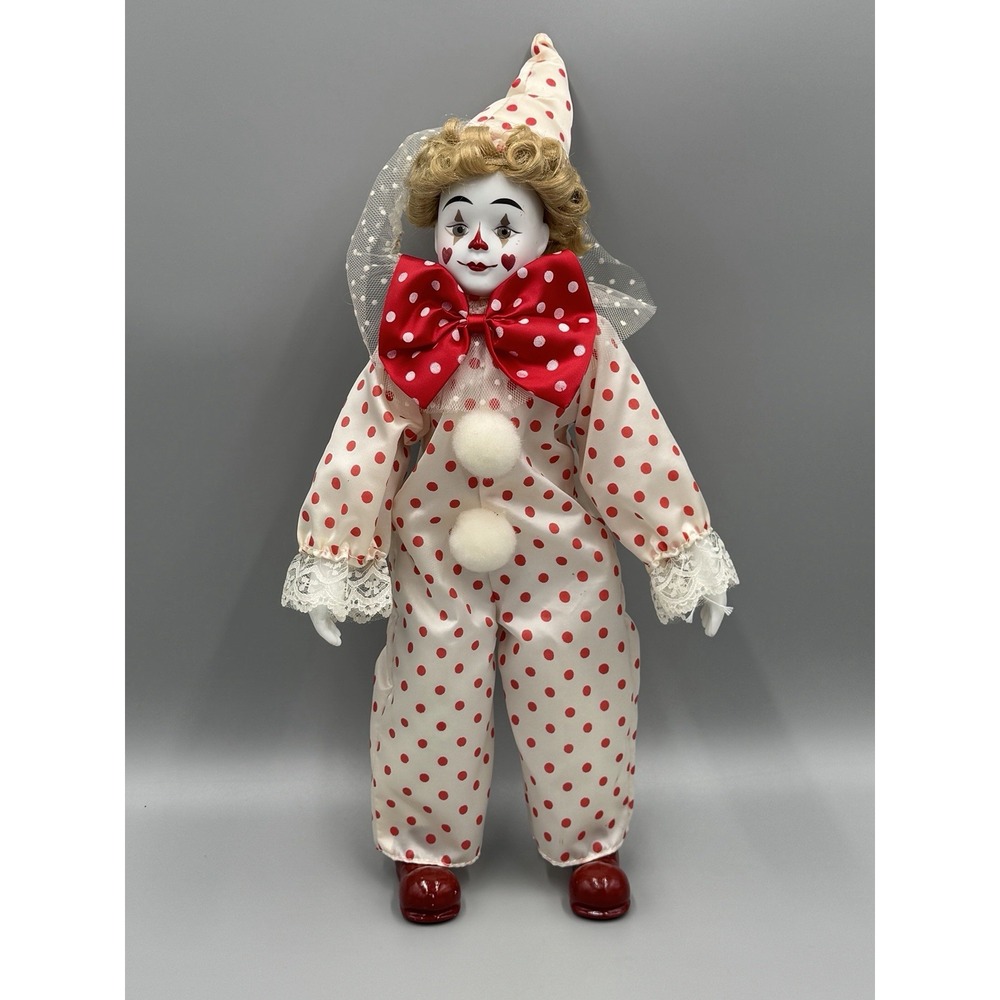 VINTAGE Porcelain Face Hands Clown Doll Polka Dot Suit Now Tie Red White 15"
